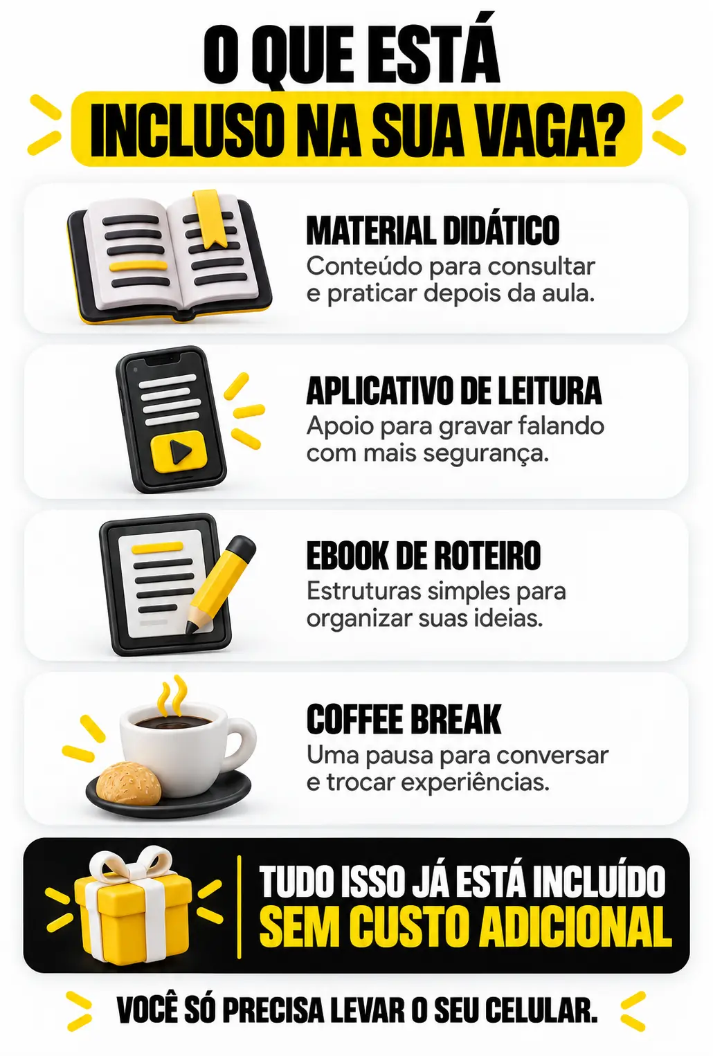 Itens incluídos na vaga do workshop